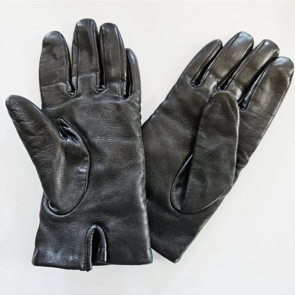 Vintage Isotoner Aris Soft Black Leather Red Detail Stitch Driving Gloves Size 8